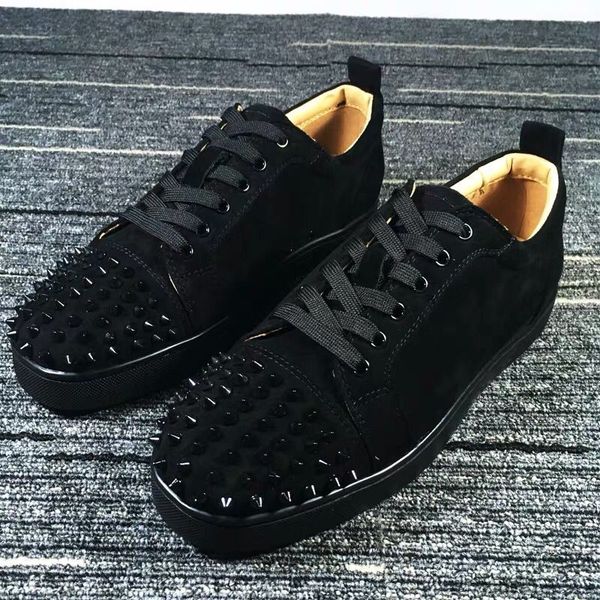 new 2019 designer sneakers red bottom shoe low cut suede spike luxury shoes for men and women party wedding crystal leather sneakers cs07, Black